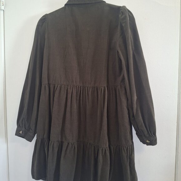Zara Brown Corduroy Mini Shirt Dress Collared Button Tiered Long Sleeve XS - Picture 4 of 5